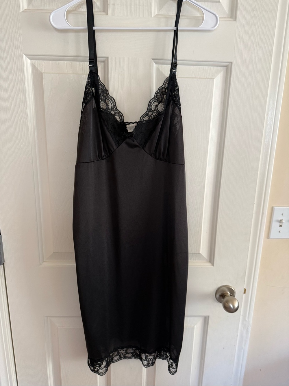 Vtg Sliperfection Black Satin Full Slip Dress Size 42 Lace Trim USA 70s 80s XL